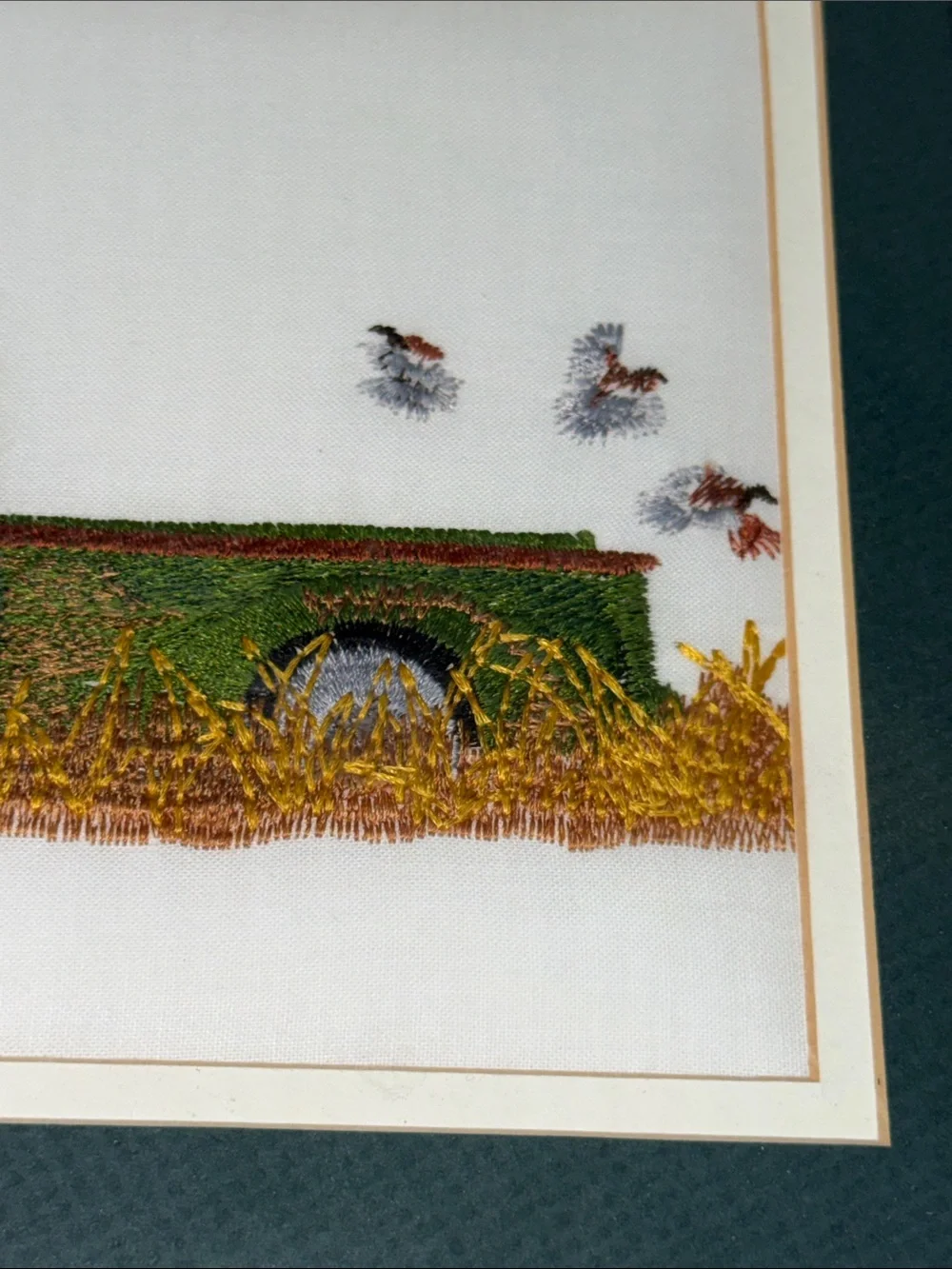 Vtg Needlepoint Embroidered Green Truck Crewel Barn wood Frame Wall Hanging